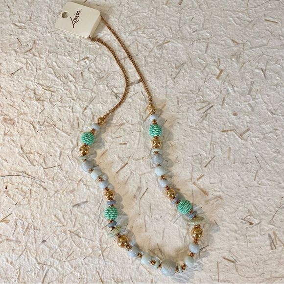 3/$20 Teal Aqua Turquoise Beads Stone Mix Gold Glass Beads Statement Necklace - Picture 1 of 6